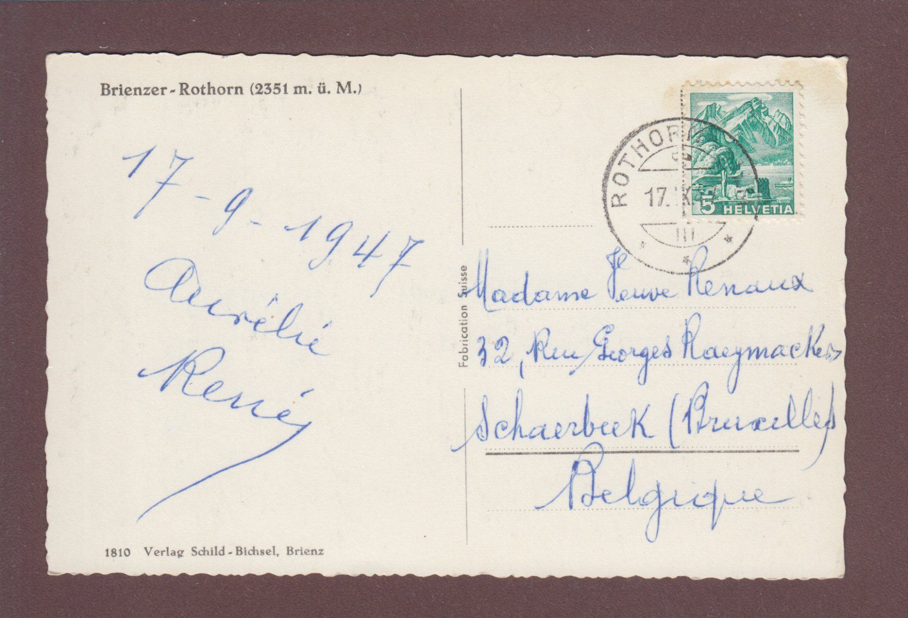 Cartoline postali: BRIENZER-ROTHORN - Bahn - 1947 – Usato da Pully venduto da nicecards 1