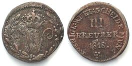 WÜRTTEMBERG 3 Kreuzer 1818, WILHELM I. Billon SELTEN! ss+