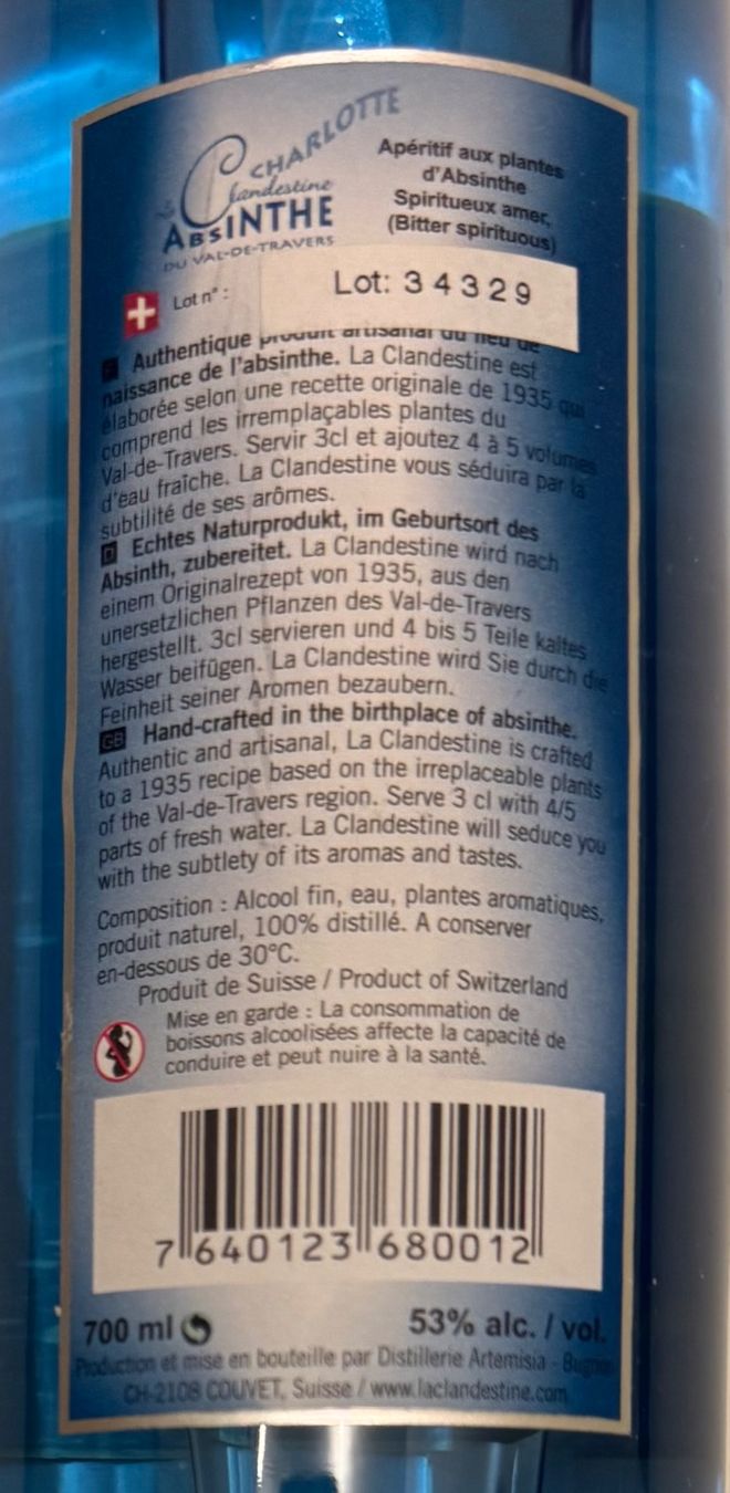 Spiritueux: Absinthe La Clandestine 70cl/700ml – Neuf avec emballage d'origine à Genève par Murmurs 3