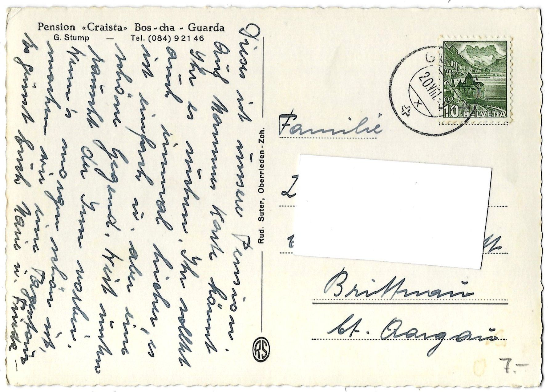 Cartoline postali: 4252  Pension  Craista  Bos - cha  -  Guarda – Usato da Bütschwil venduto da Jackson1A 1