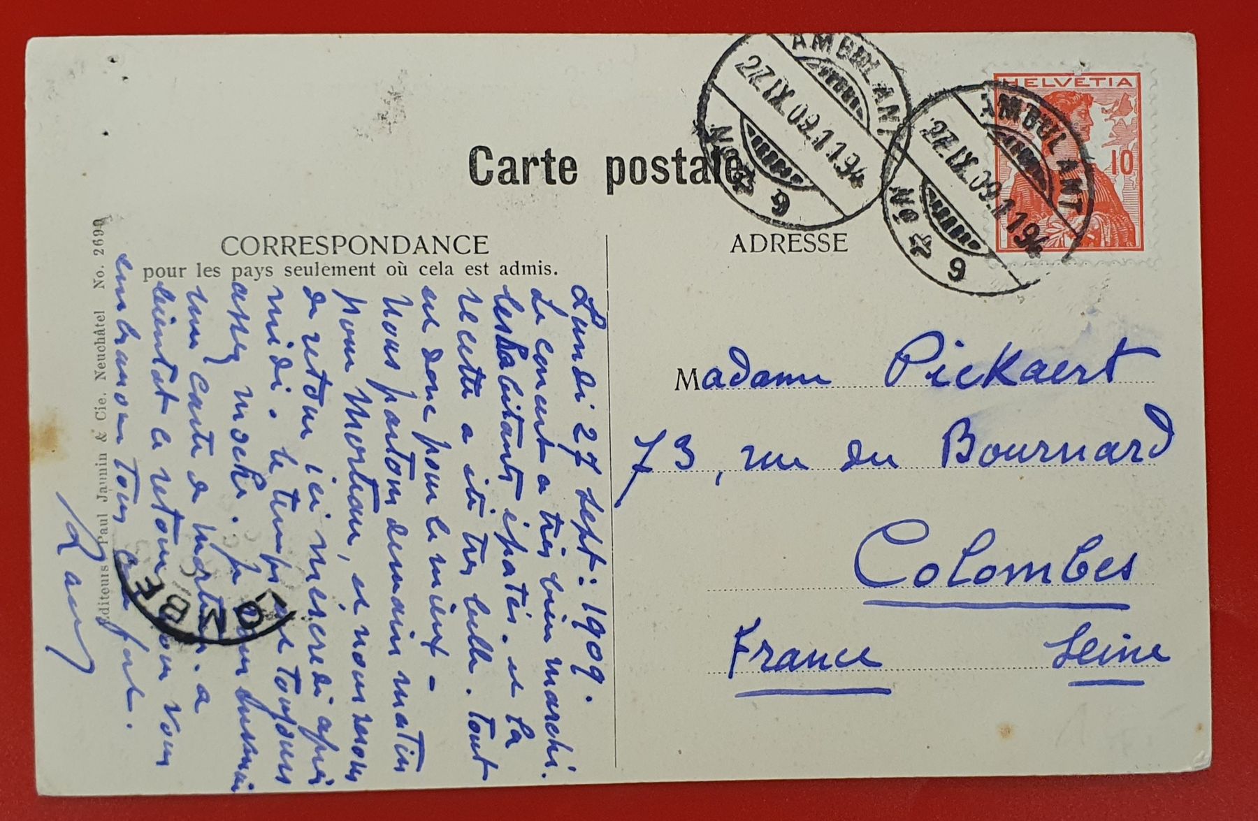 Ansichtskarten: Verrières 1909 - La Vy Perrou – Gebraucht aus Kreuzlingen von Rschweiz1 1