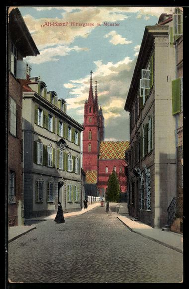 Cartoline postali: AK Basel, Rittergasse mit Münster – Usato da Berlin venduto da bartko-reher