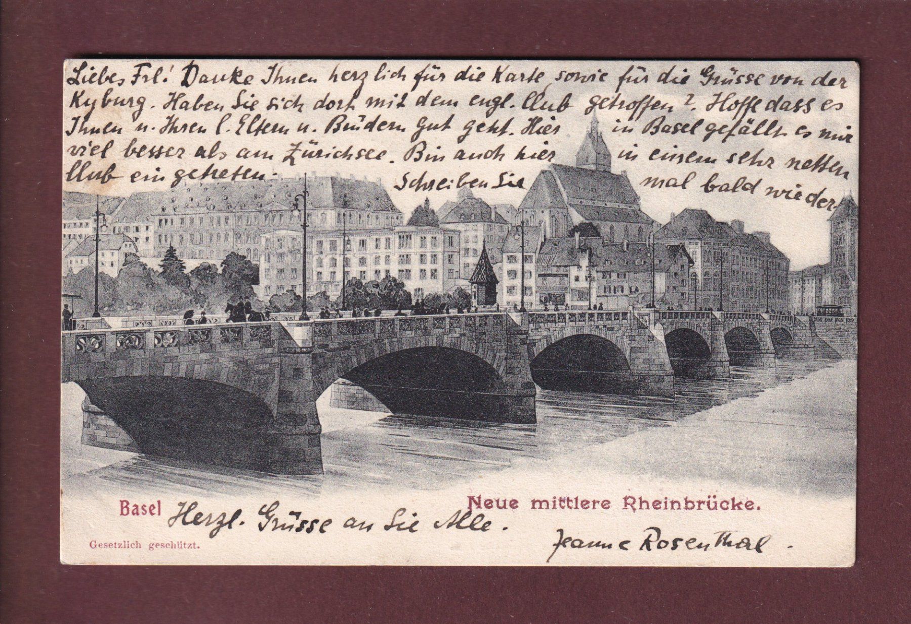 Cartoline postali: BASEL - Mittlere Rheinbrücke - 1908 – Usato da Pully venduto da nicecards