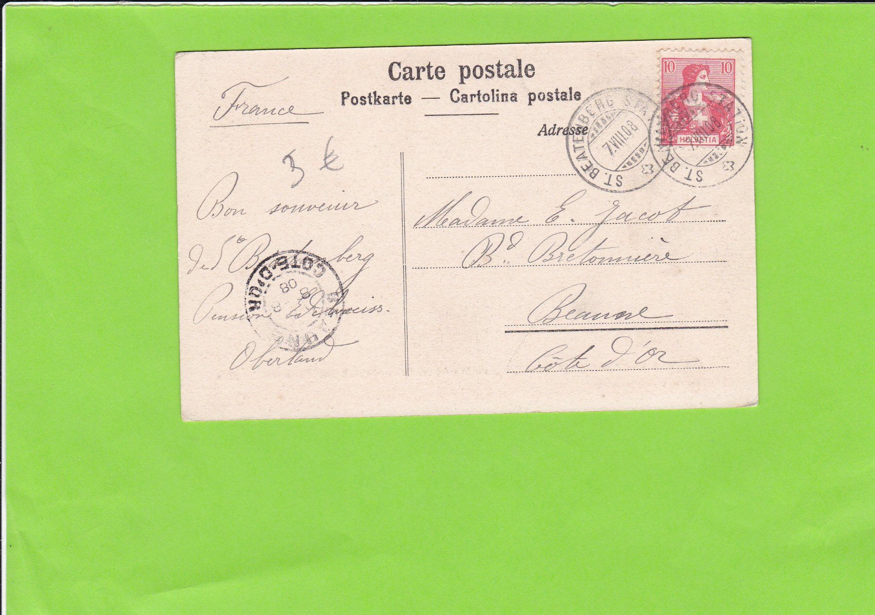 Cartoline postali: Blick vom Amisbühl auf Interlaken--1908 versendet – Usato da St. Peterzell venduto da neckertal 1
