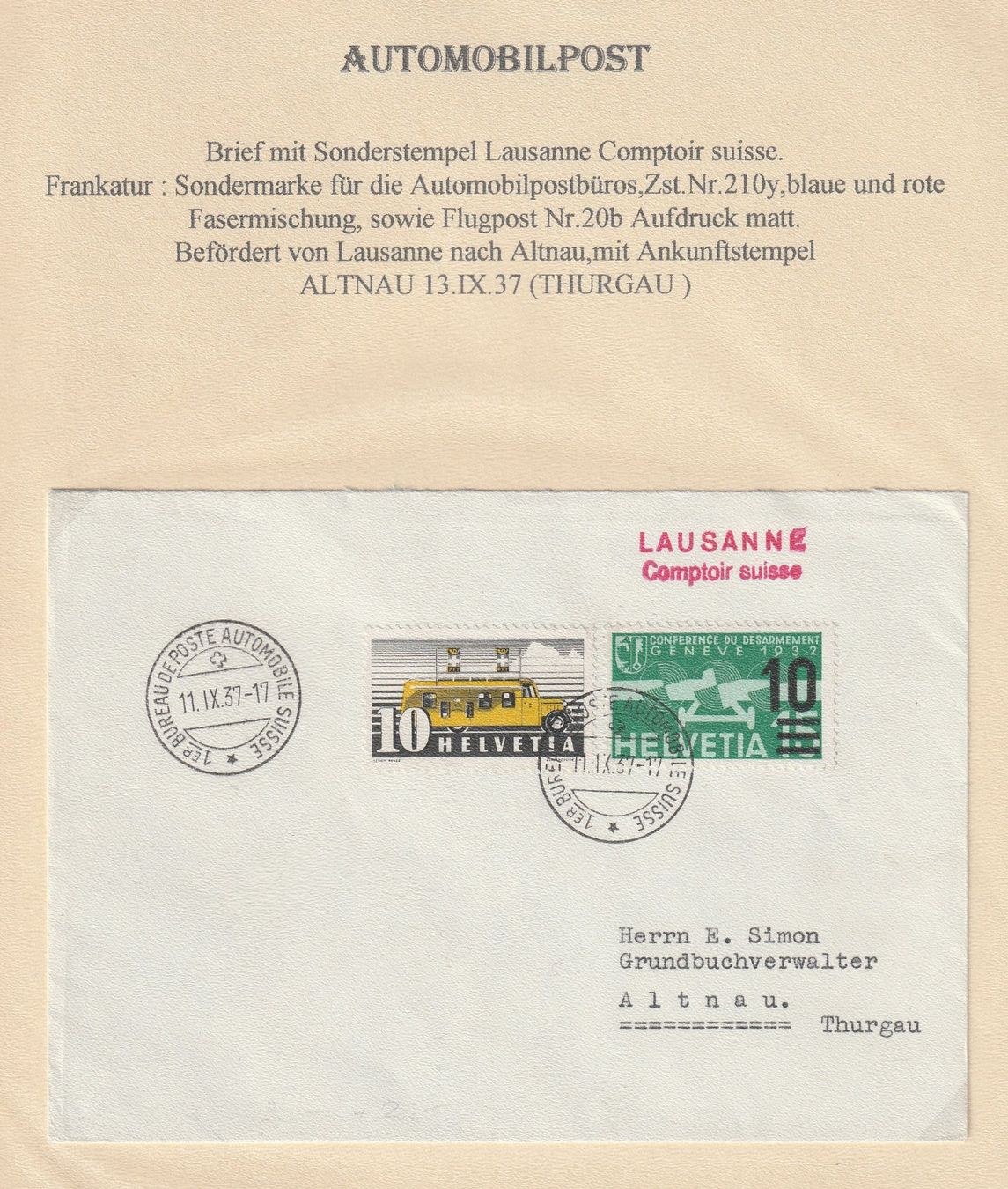 Tutti i francobolli: Automobilpost Brief 1937 – Usato da uttwil venduto da Koehlerfred