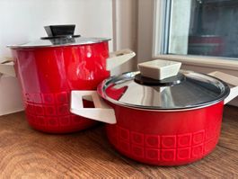 Silit Vintage-Emaillekochtöpfe Rot Metall 2er Set mit Deckel