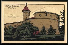 Steindruck-AK Schaffhausen, Munot mit Ma