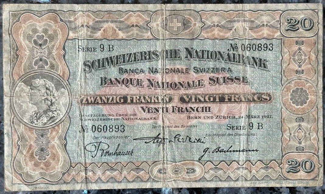 Banknoten: Schweizer Nationalbank Zwanzig Franken Note, 1927 – Gebraucht aus Beringen von Mantafisch1