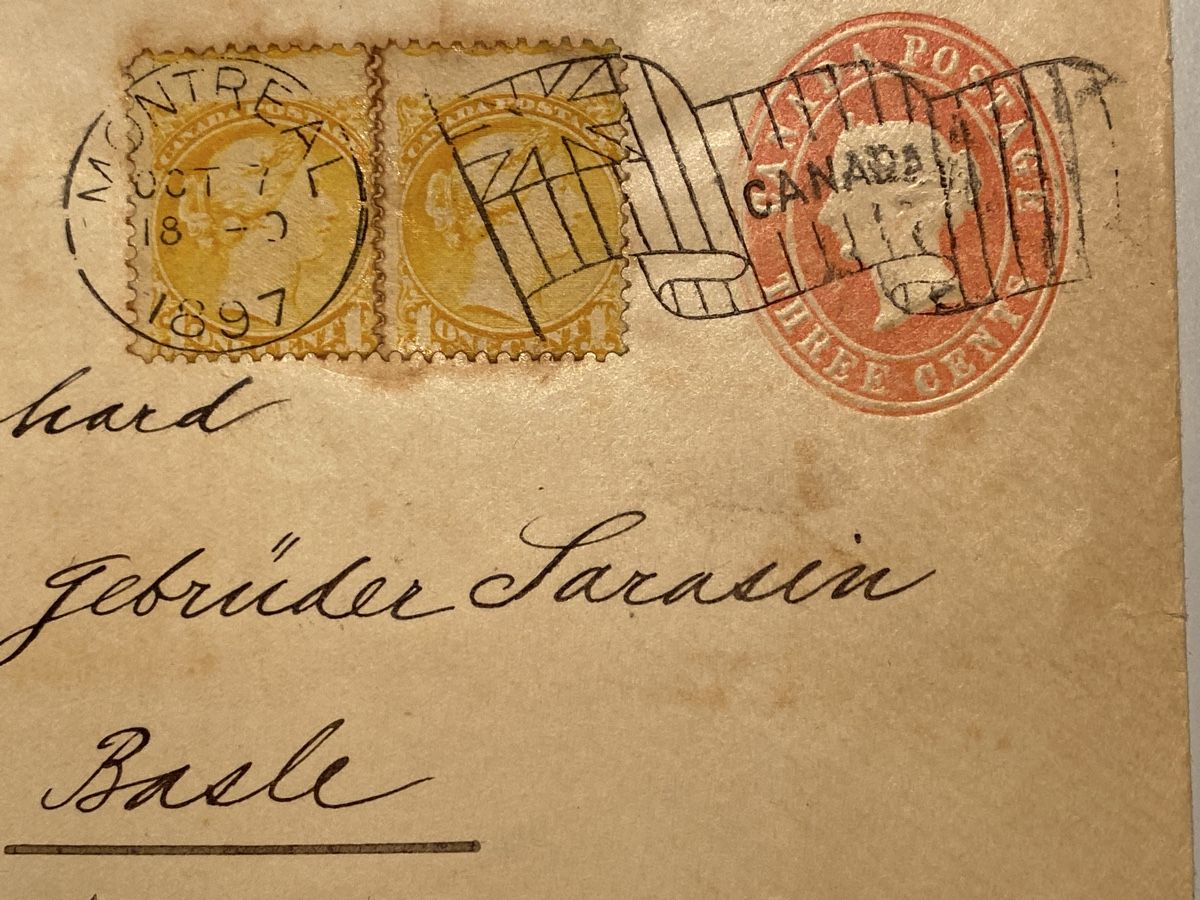 Alle Briefmarken: Canada 1897, 2x One/ Three Cents, gest. Montreal/Basel St.A. – Gebraucht aus Emmenbrücke von Raro-Valioso 1