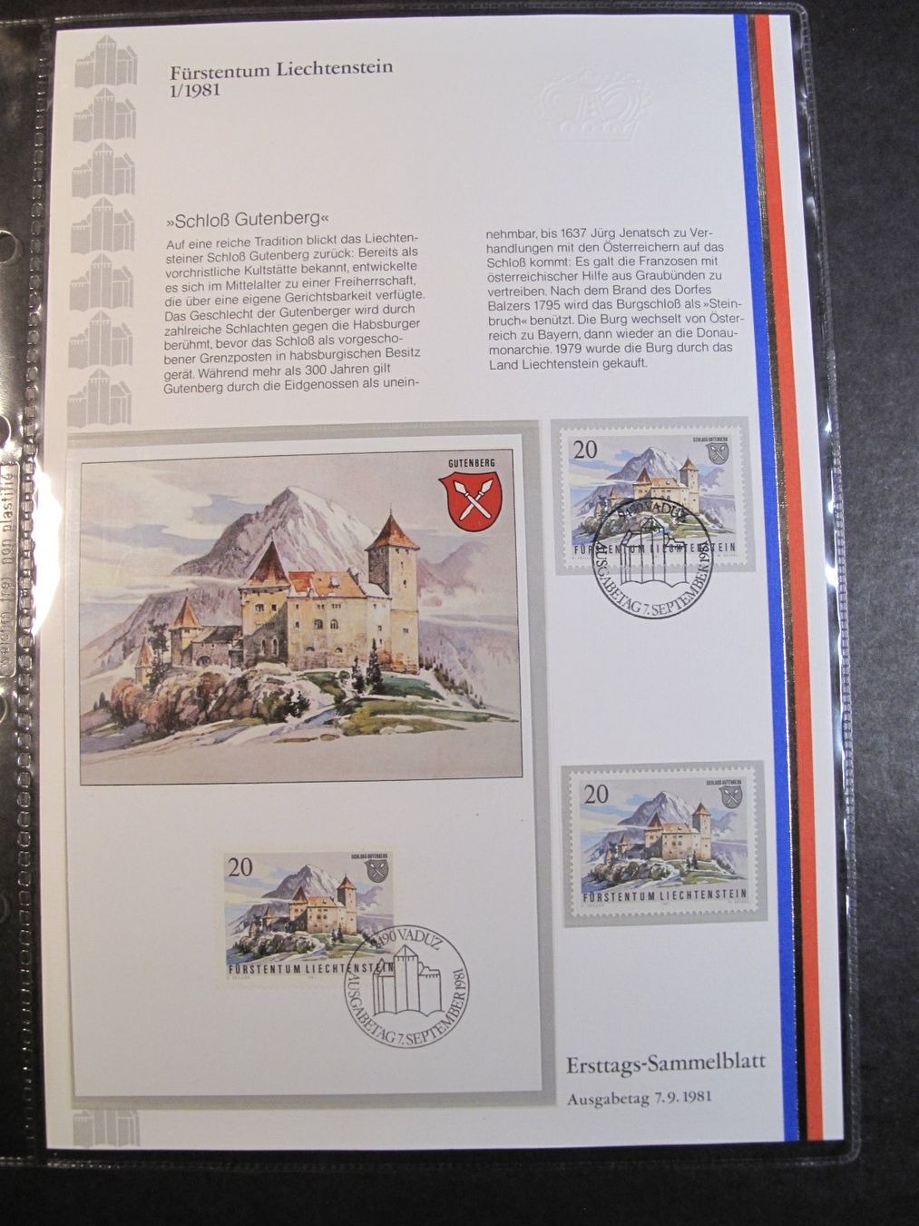 Tutti i francobolli: FL   FDC 1981 Schloss Gutenberg Sammelblatt – Usato da Wil SG venduto da fva01