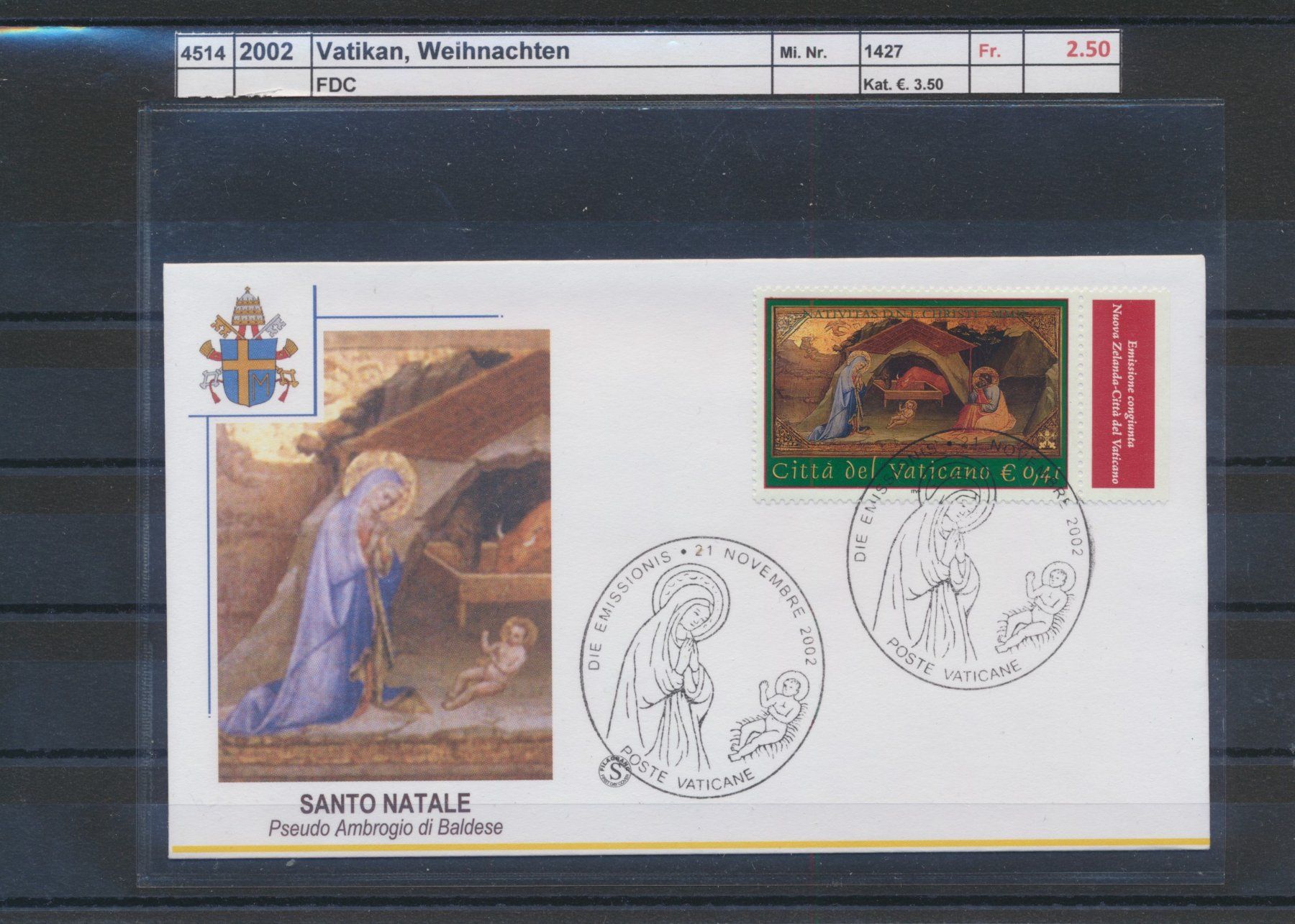 Tutti i francobolli: 2002 Vatikan, "Weihnachten", FDC – Usato da Winterthur venduto da Zupogeru