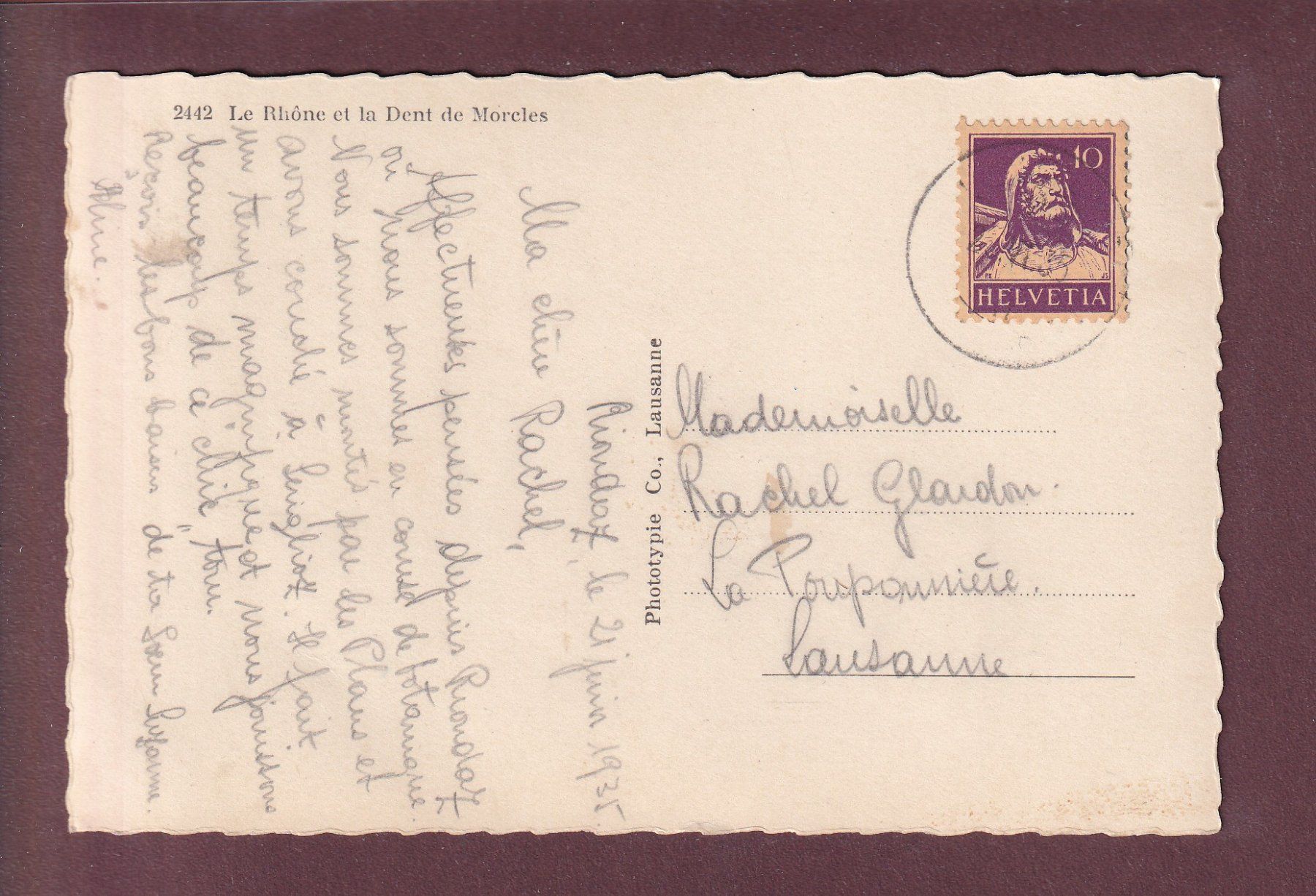 Cartoline postali: Le RHÔNE et la Dent de Morcles - 1935 – Usato da Pully venduto da nicecards 1