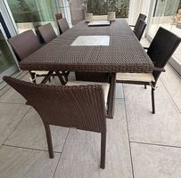 Italian Designer Esstisch, 8 Stühle, Kissen - Java Brown