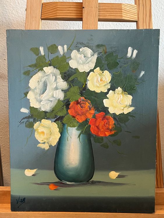 Gemälde: Blumenölgemälde, Rosen in Vase, Vintage Wandkunst – Gebraucht aus Basel von Kaffee_und_Kunst 5