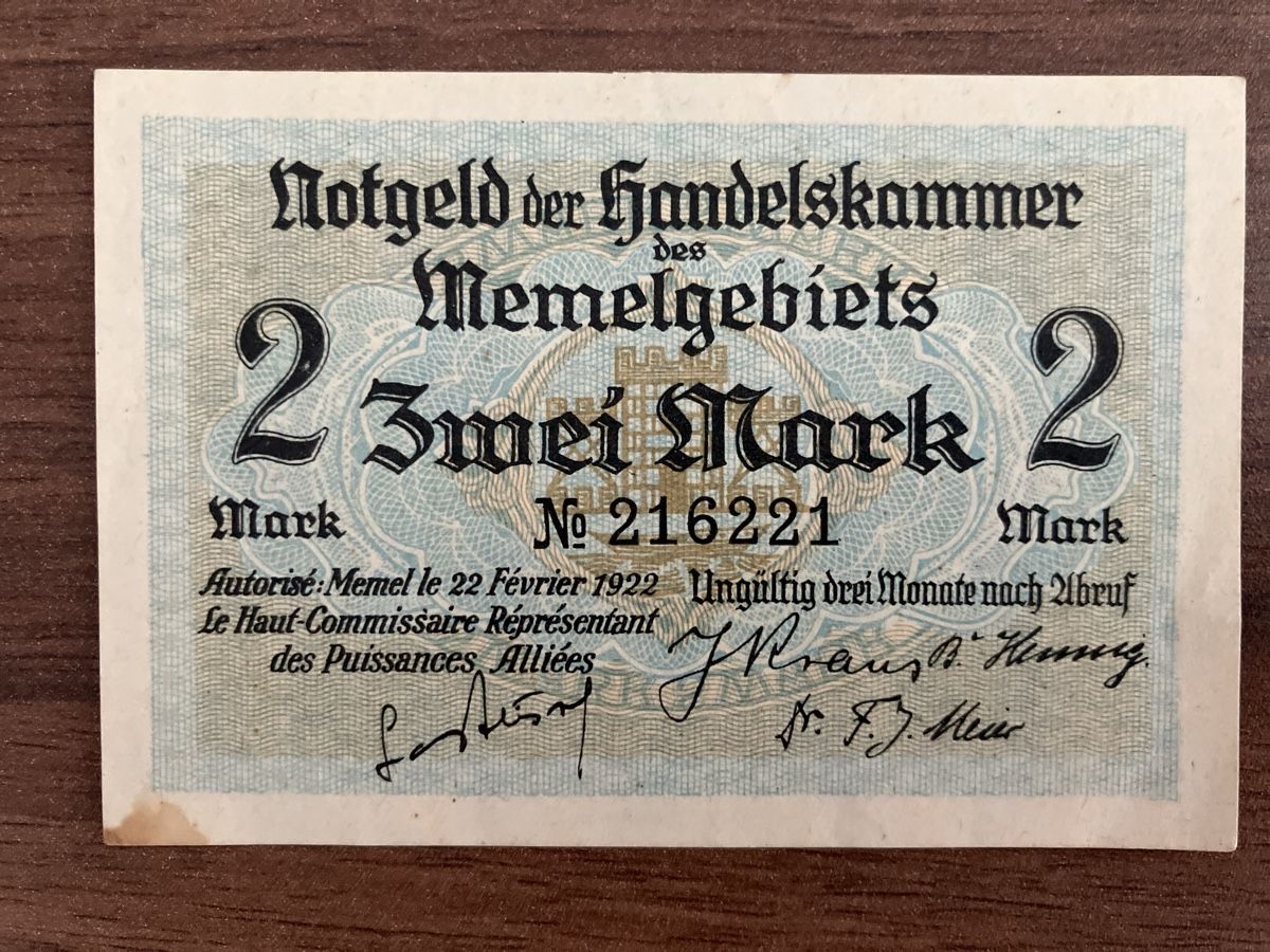 Banconote: Memel Chamber of Commerce 2 Mark Notgeld Note – Usato da Wettingen venduto da BAG4478 1