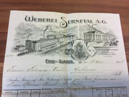 Antike Rechnung Weberei Sernftal A.G. Original Rarität