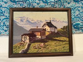 Handgesticktes Gobelinbild – CH Berglandschaft mit Alphütten