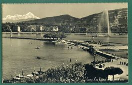 Genève, Mont Blanc, les bains et le jet d'eau,1956, gelaufen