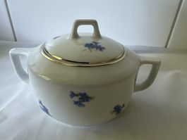 Zuckerdose Porzellan blau Blumen Goldrand Langenthal