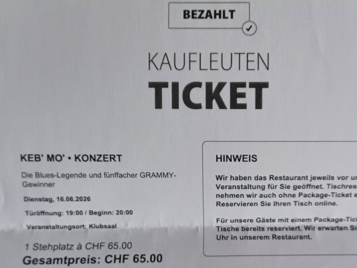 Biglietti: Ticket Keb' Mo' 16. Juni 2026 Kaufleuten – Nuovo (secondo la descrizione) da Belp venduto da slideonthis