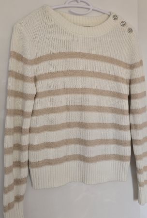 Damen Pullover Morgan gestreift beige weiss mit Zierknöpfen