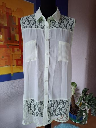 Bluse Damen L 40 Mintgrün Spitze & Chiffon  Ärmellos 4000