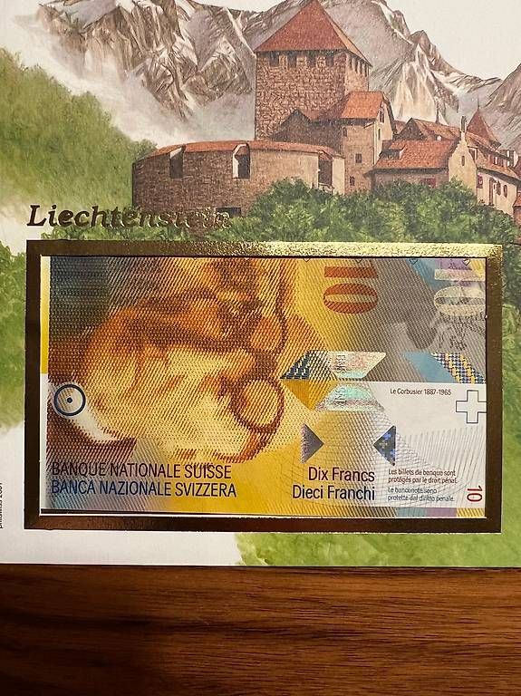 Banknoten: Liechtenstein Numisbrief 2001 - 10 Franken Note Le Corbusier – Gebraucht aus Emmen von mighu 2