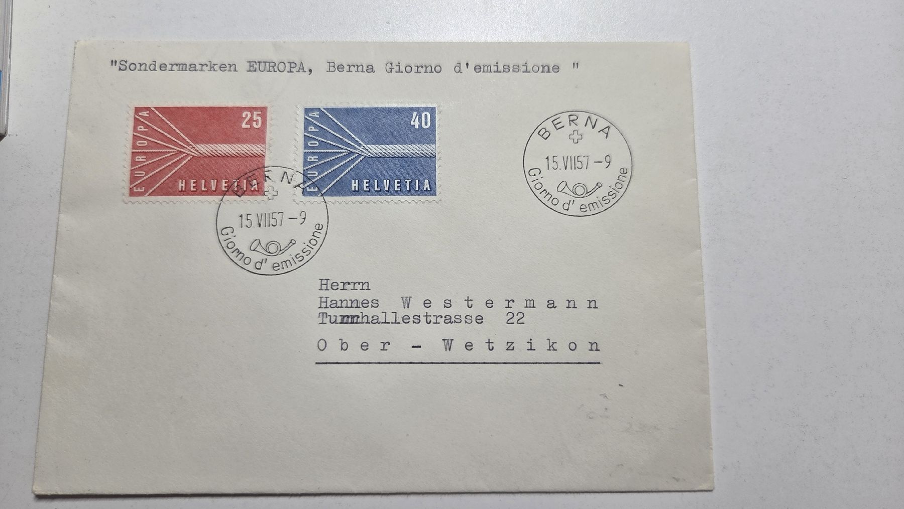 Tutti i francobolli: 1957 FDC Europa "BERNA" – Usato da Arni AG venduto da Moth68