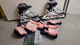 Patins à roulettes ajustables fille Oxelo rose/gris T. 32...