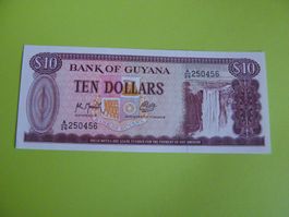 Banknote Guyana 10 Dollars, Bank of Guyana, Bankfrisch