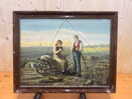 Antikes Gemälde "Bauernszene" im Holzrahmen, Rarität!