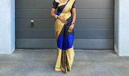 Indischer Sari, neuwertig, Gold/Schwarz/Blau - Hingucker!