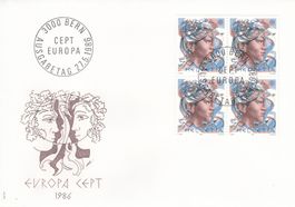 1986 Europa CEPT 2 FDC Zeichnung Hans Erni 4er Block