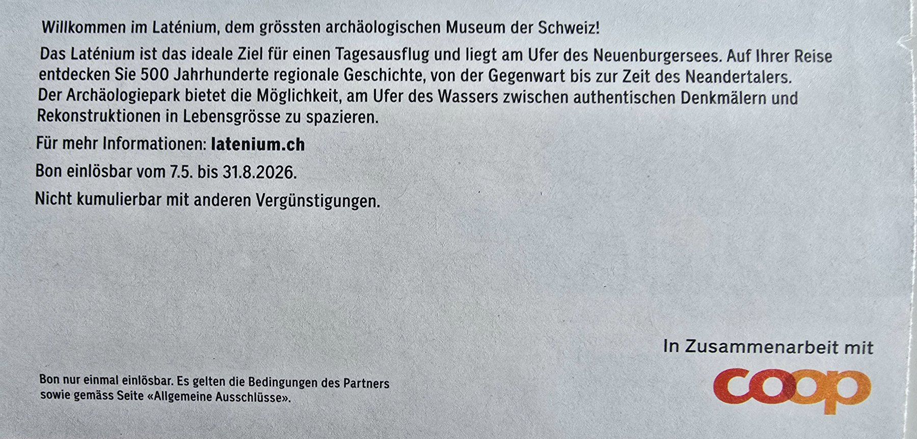 Gutscheine: Bon 2FÜR1 LATENIUM, NEUCHATEL  bis 31.8.2026 – Neu (gemäss Beschreibung) aus Eschen von Hab3 1