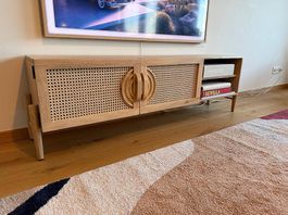 Meuble TV manguier massif et rotin 145 cm