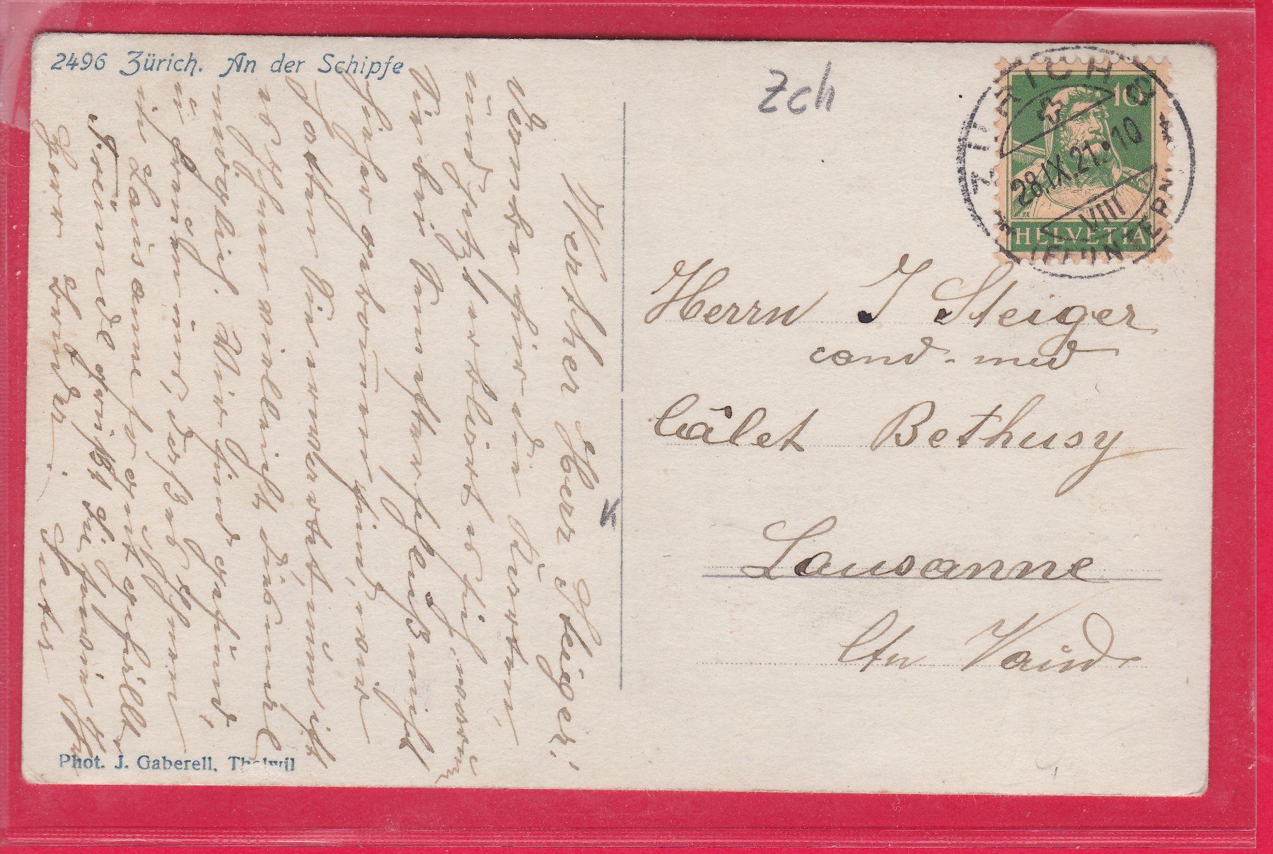 Cartoline postali: ZÜRICH, AN DER SCHIPFE, 28.9.1921 – Usato da Oberrieden venduto da Gebirgsstelze 1