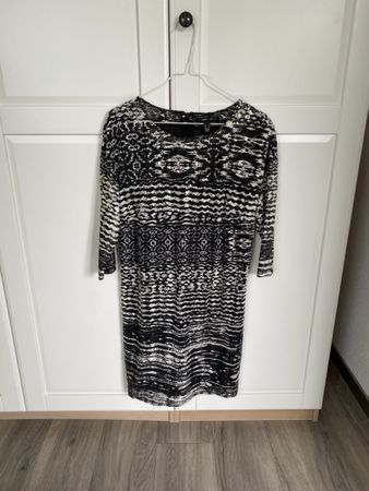 Elegant Black & White Patterned Long Sleeve Dress - Size S