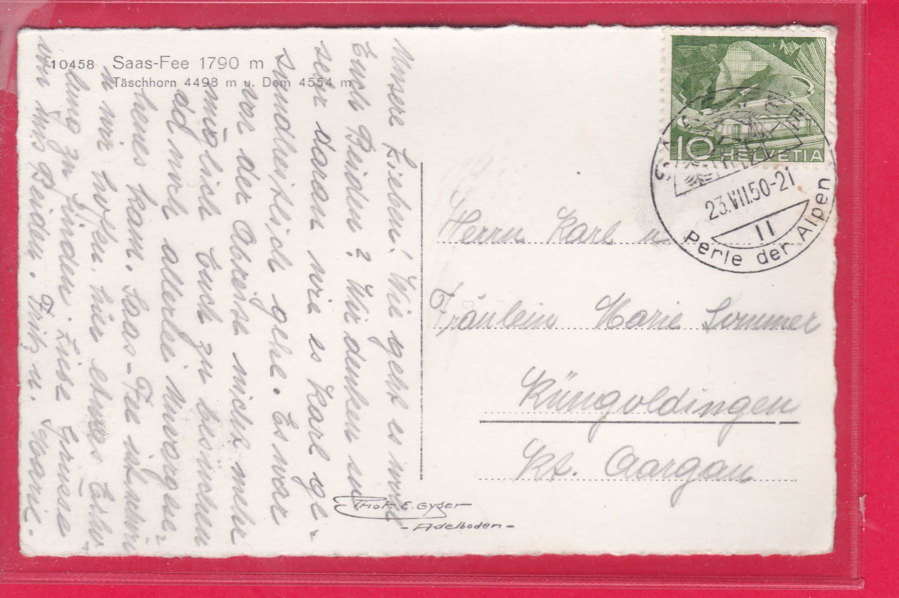 Cartoline postali: SAAS-FEE, TÄSCHHORN UND DOM, 23.7.1950 – Usato da Oberrieden venduto da Gebirgsstelze 1