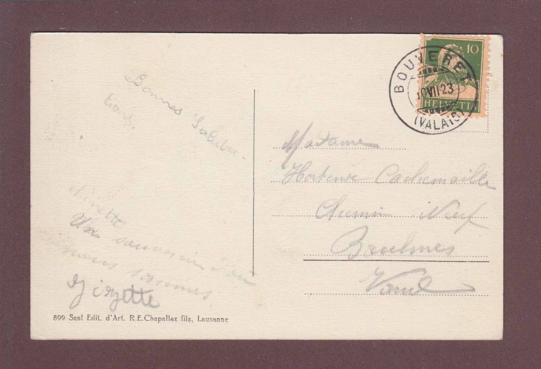 Cartoline postali: BOUVERET - Chalet des Crêtes - 1923 – Usato da Pully venduto da nicecards 1