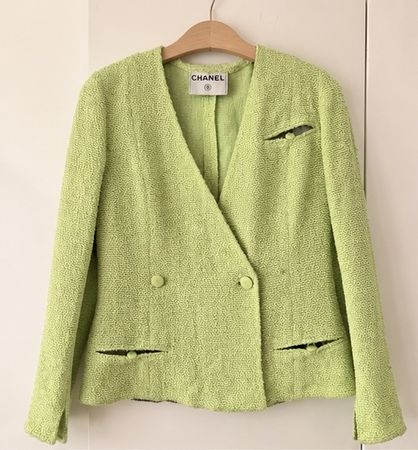 CHANEL Veste Coton Vert Anis Doublure Soie Taille 36