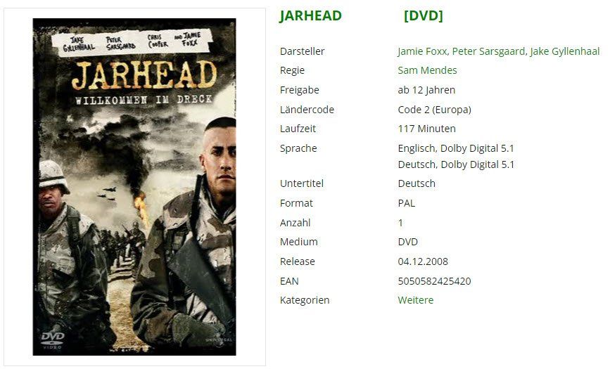 Tutti i DVDs: JARHEAD (DVD) – Usato da Buchrain venduto da Sssschaller