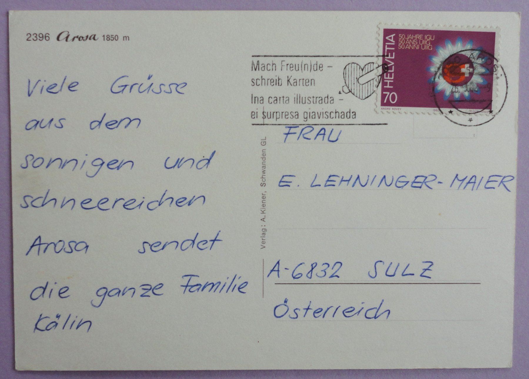 Cartoline postali: Arosa 1850 m – Usato da Fétigny venduto da Billy2miny 1