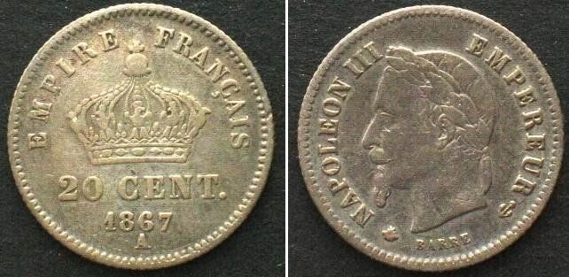 Tutti le monete: NAPOLEON III. 20 Centimes 1867 A, argent TTB – Usato da Riehen venduto da sesambestcoins2004