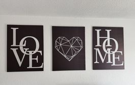 Wandbilder Set LOVE HEART HOME Schwarz Weiss 3tlg