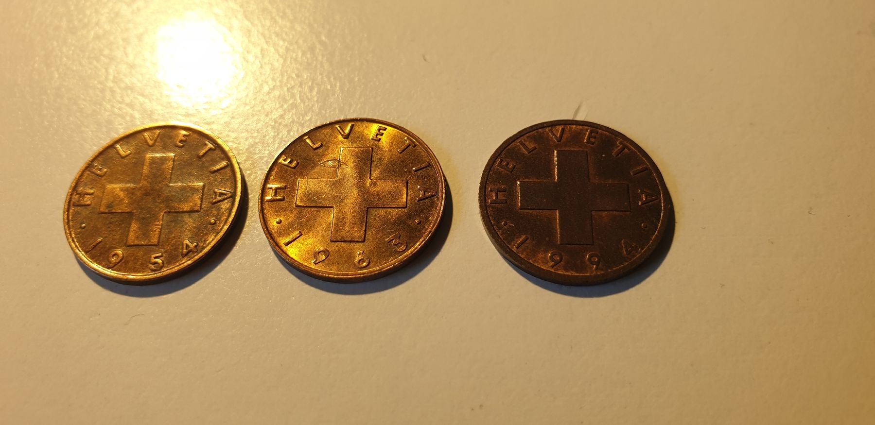Alle Münzen: 1 Rapen / 1 centime Suisse 1954, 1963, 1994 – Gebraucht aus St-Sulpice VD von Miwix