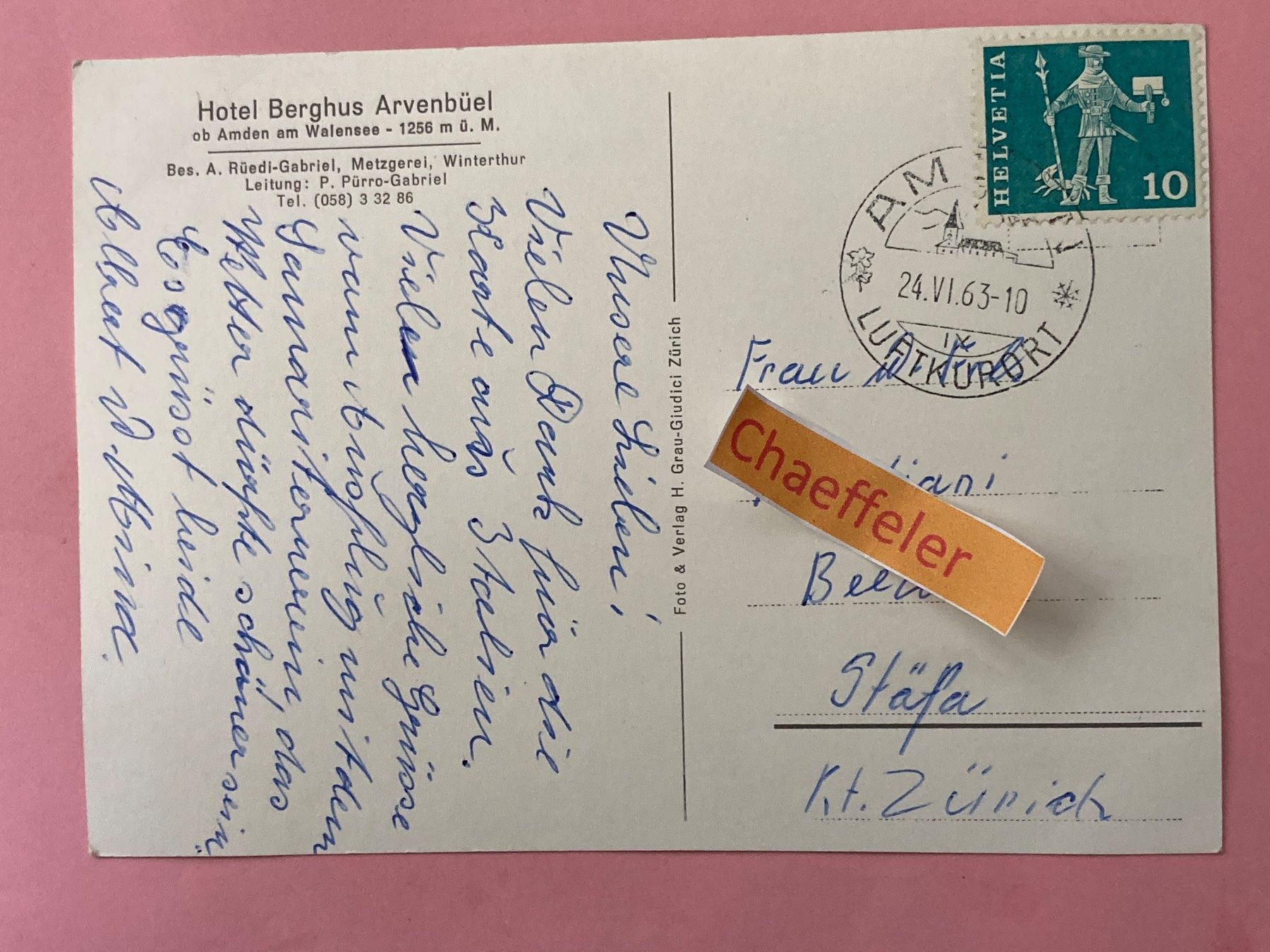 Cartoline postali: 1963 Hotel Berghus Arvenbüel. – Usato da Zürich venduto da Chaeffeler 1