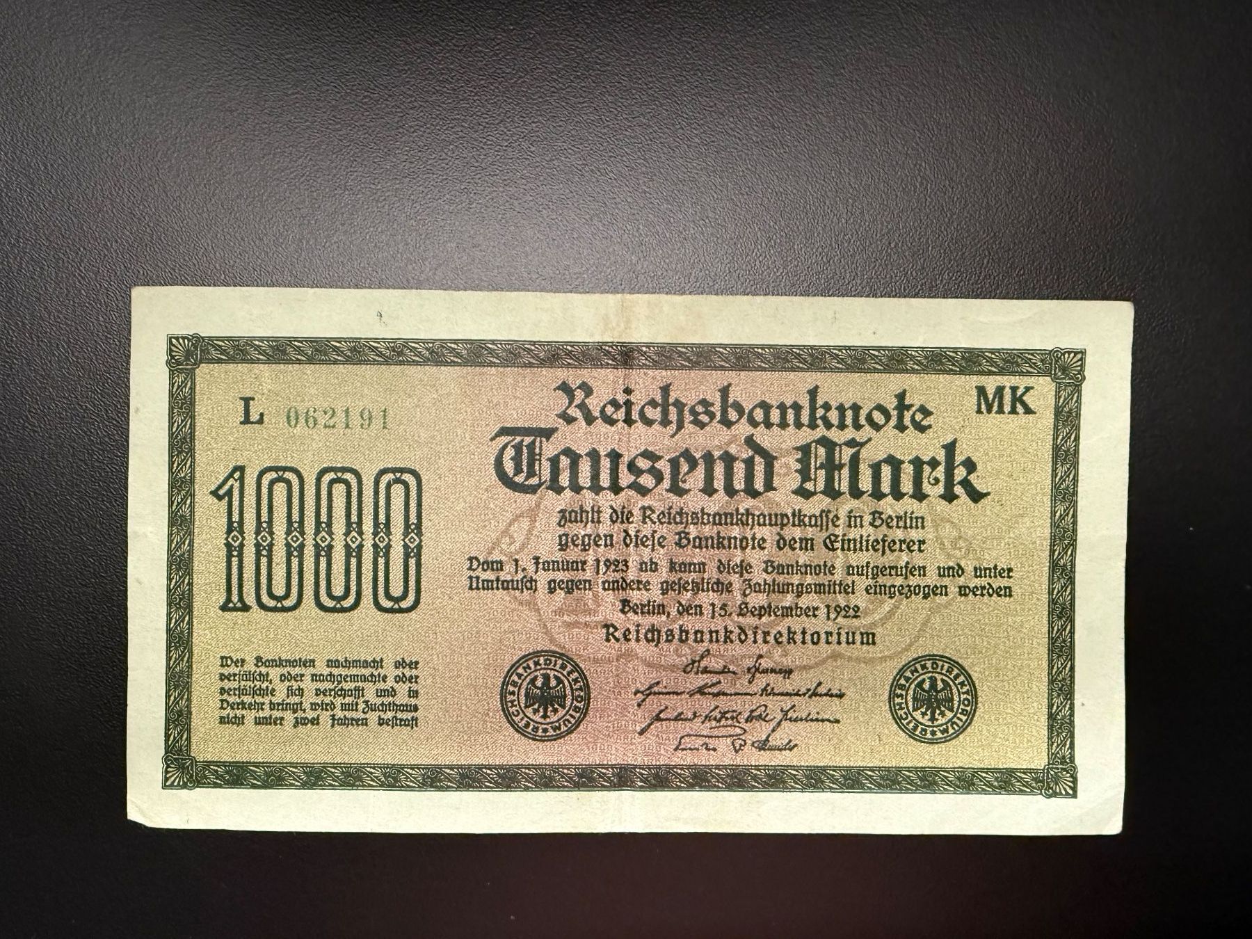 Banconote: Banknote 1000 Mark 1922 – Usato da Diepoldsau venduto da Luec0