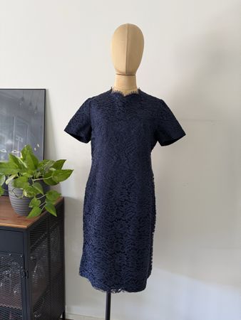 Vintage Spitzenkleid blau 60er 70er handverarbeitet, Gr. L