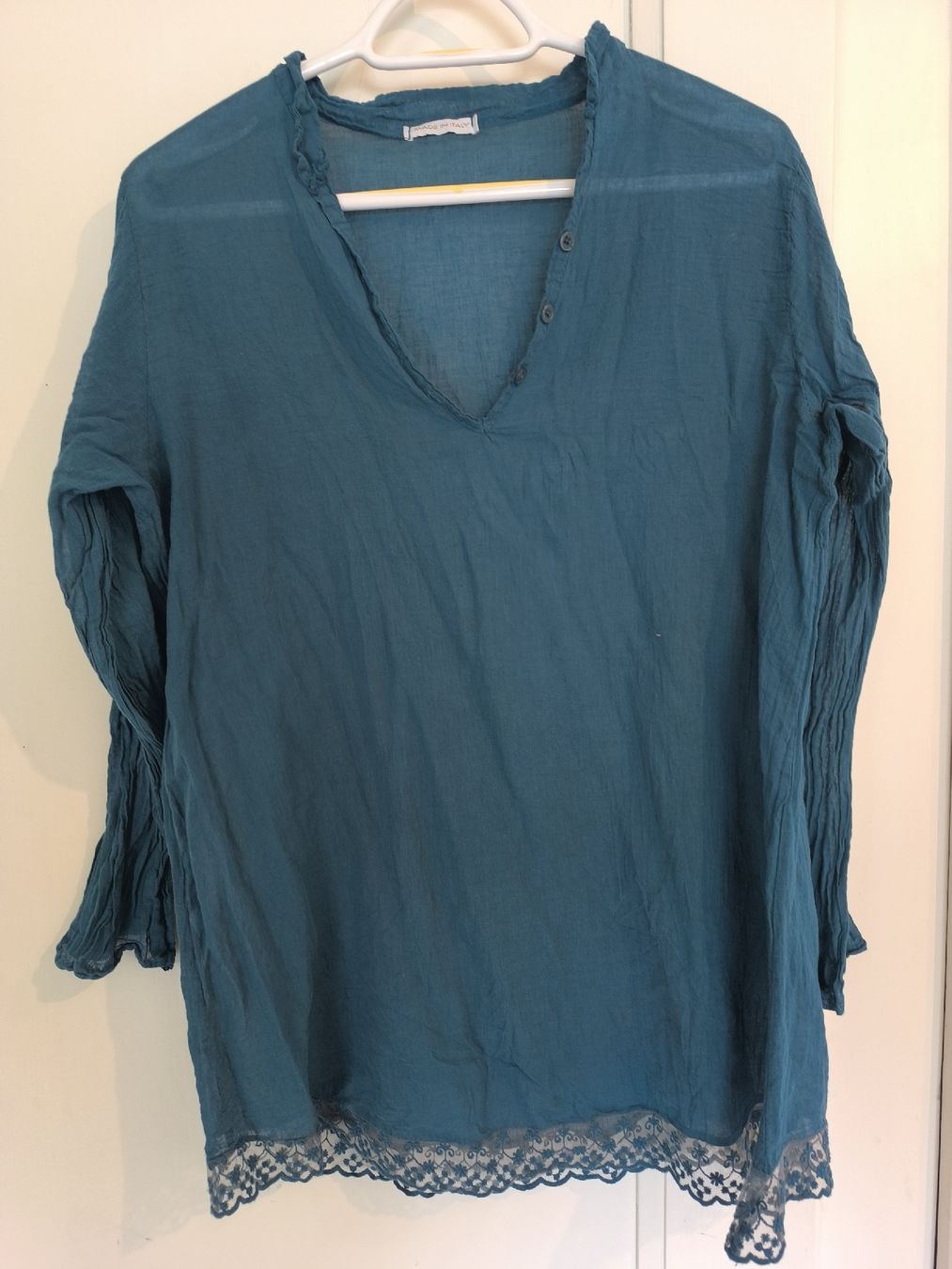 Tuniche: Sommer Tunika/Bluse, Petrol mit Spitze, Gr. M – Usato da Brügg BE venduto da Meui_Zouberding