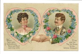 Liebespaar - 2 Herzen - Rosen - Spruch - Präge-Litho um 1910